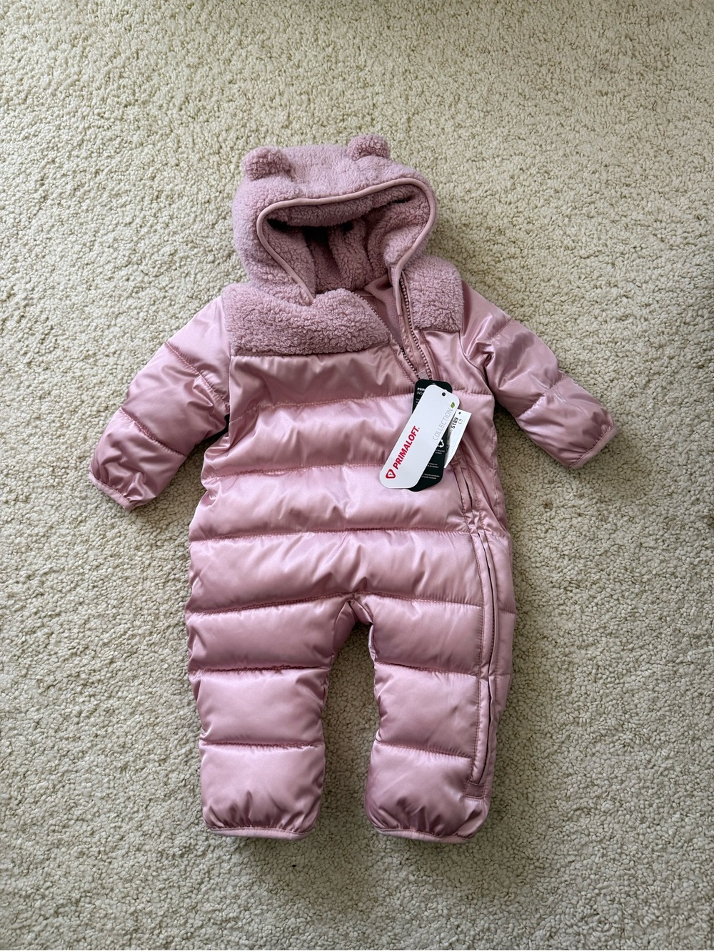 New Gap puffer Snowsuit snow hood Sherpa fleece bear primaloft pink 3-6 months
